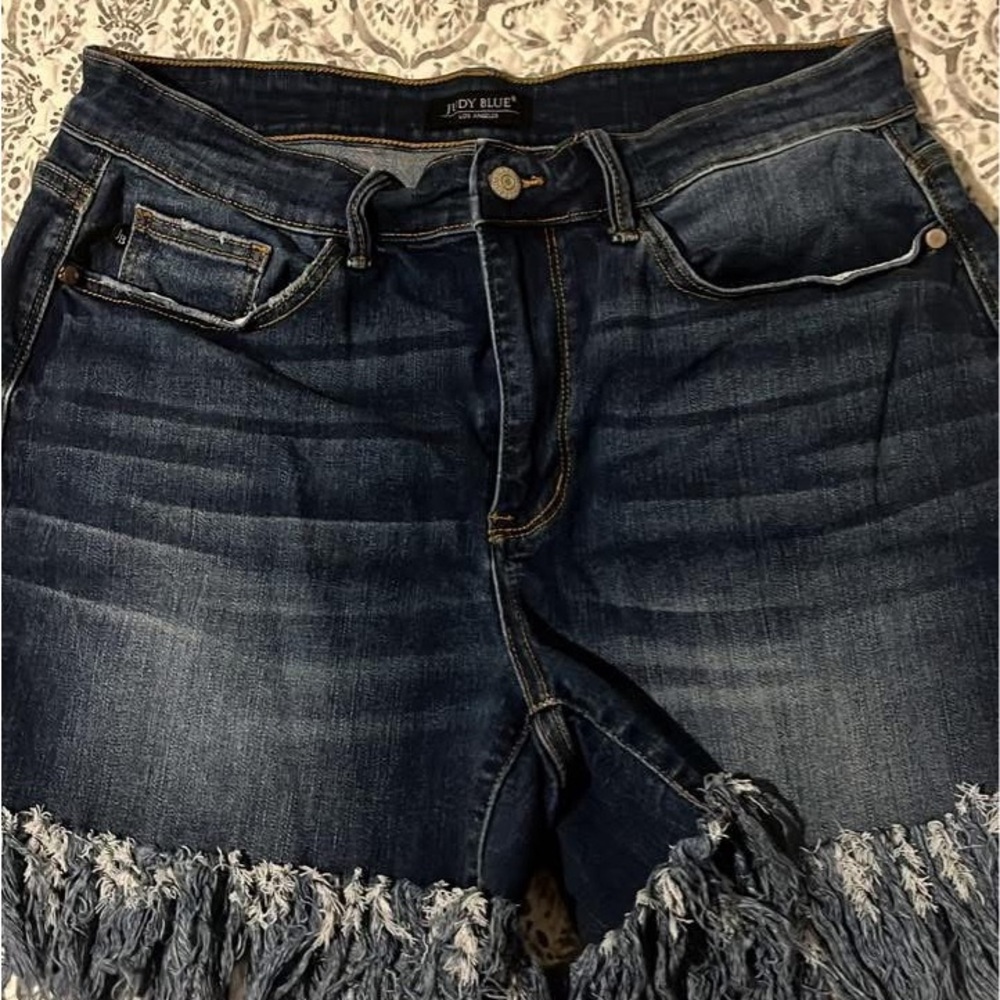 Judy Blue Women's Distressed Dark Blue Jeans Fringe 1XL